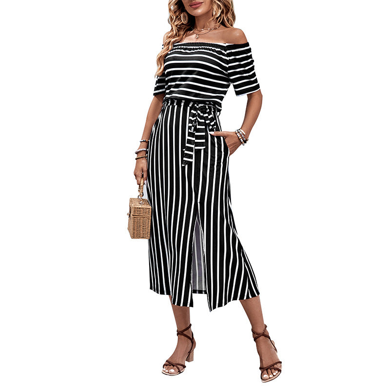 Striped Off-Shoulder Midi Dress with Tie-Waist and Slit