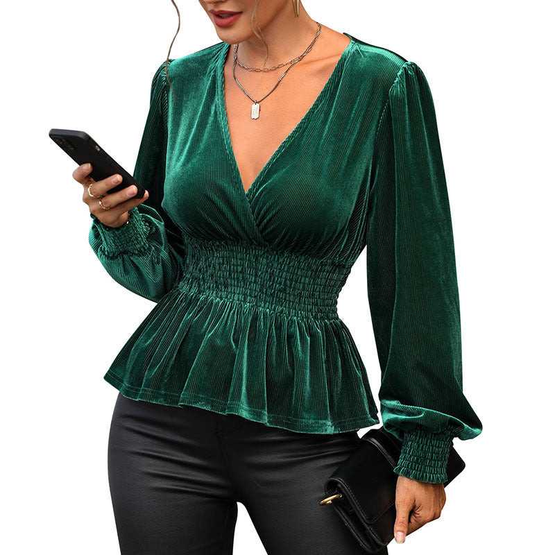 Ribbed Velvet Peplum Blouse with V-Neck and Smocked Waist