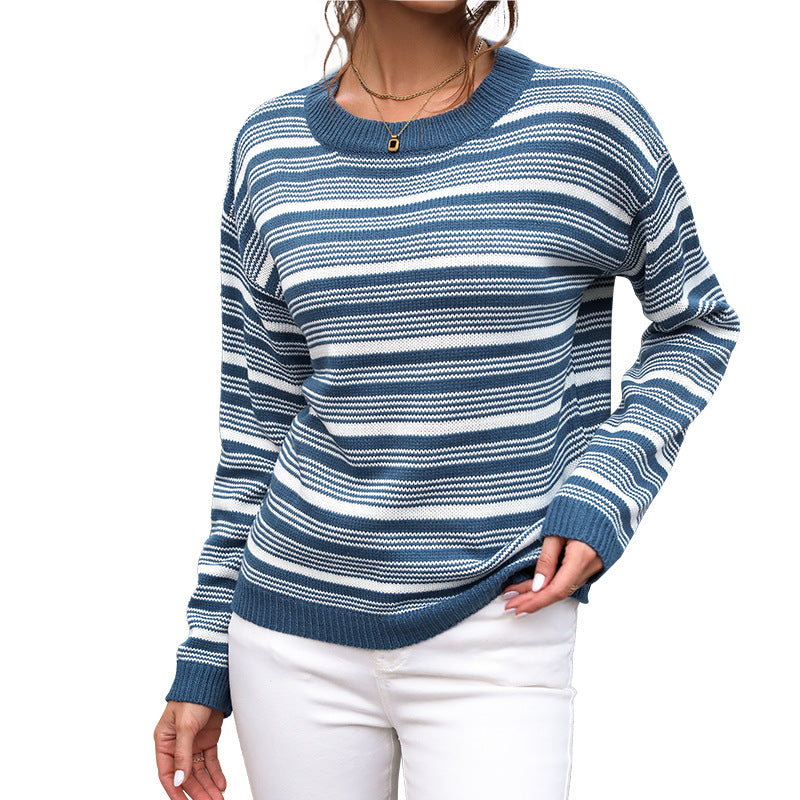 Striped Sweater with Round Neck and Long Sleeves
