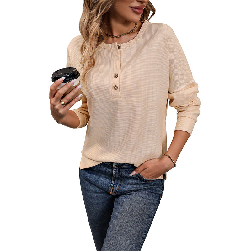 Solid Waffle Knit Henley Top with Long Raglan Sleeves