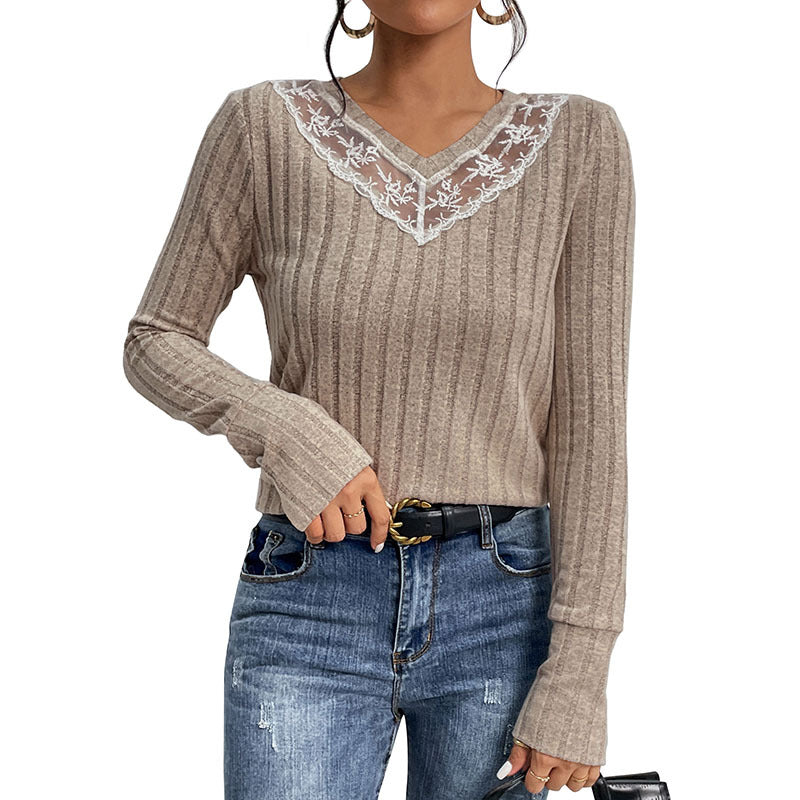 Ribbed Knit Top with Lace V-Neck and Button Cuffs