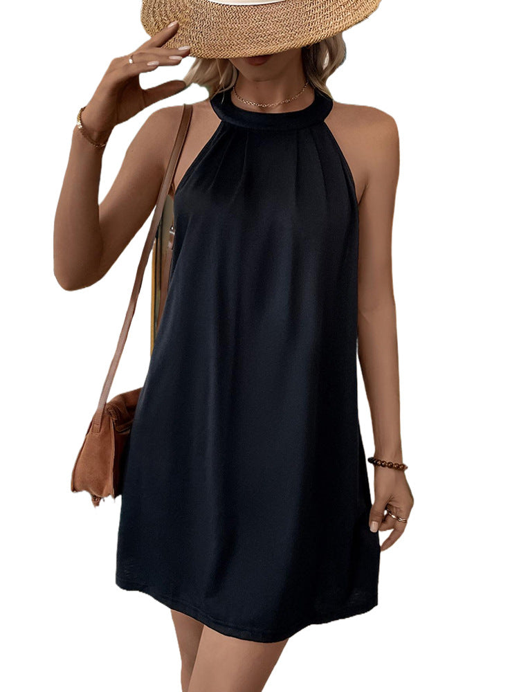 Solid A-Line Sleeveless Dress with Halter Neck