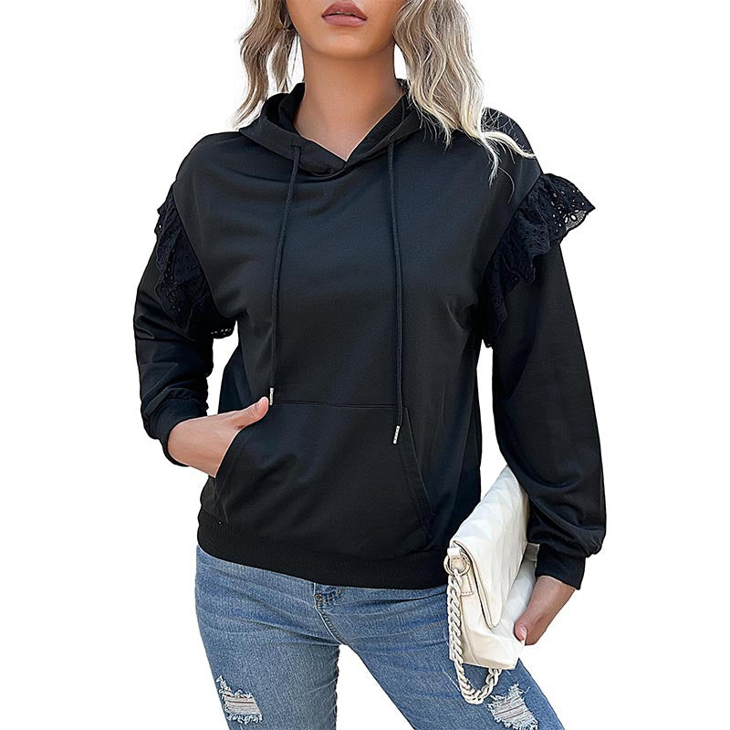 Solid Black Hooded Sweatshirt with Lace Ruffle Sleeves