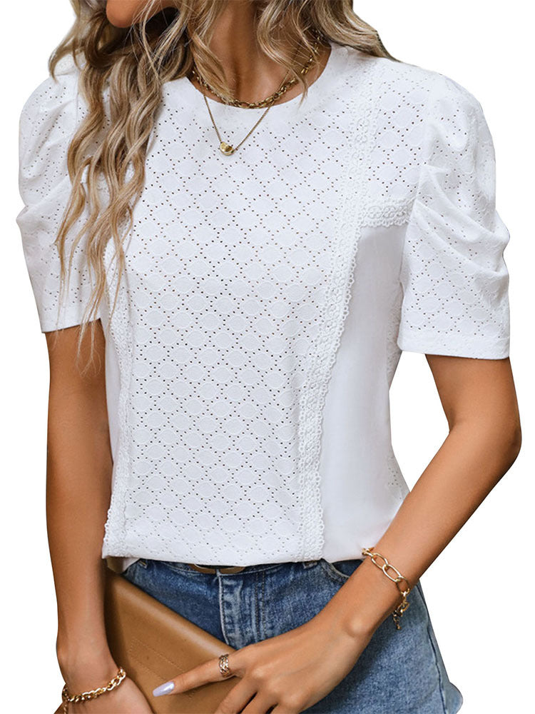 Perforated Top with Puff Sleeves and Lace Inserts