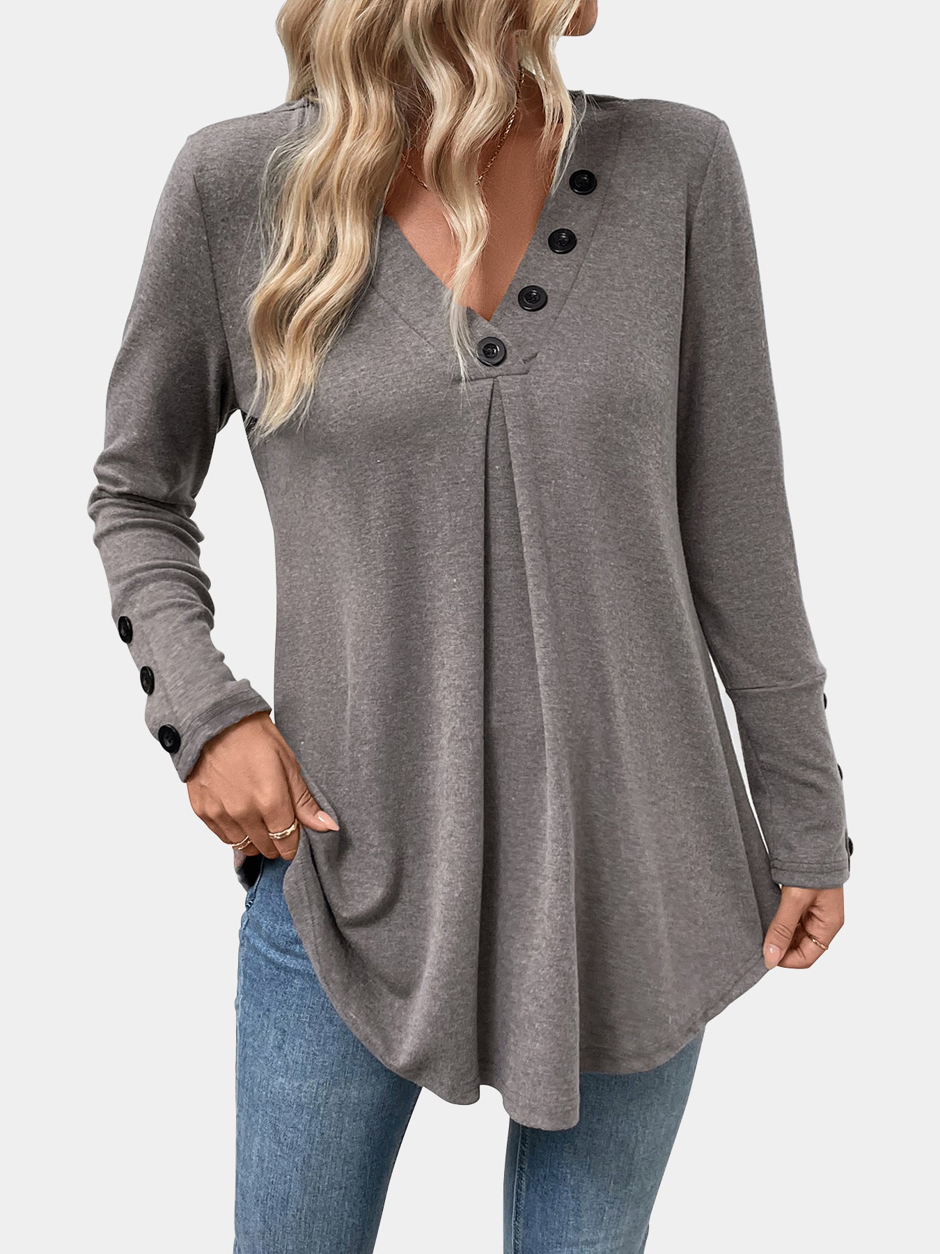 Solid Tunic Top with Pleated Button V-Neck