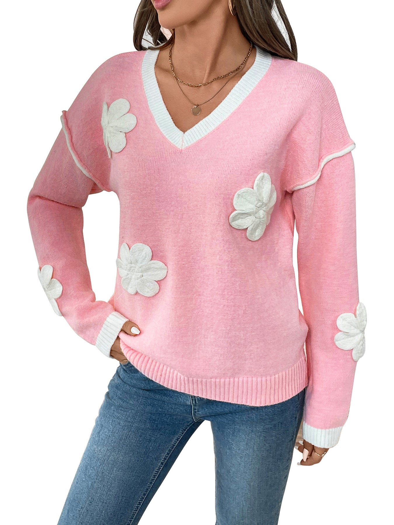 Floral Applique V-Neck Pullover Sweater with Contrast Trim