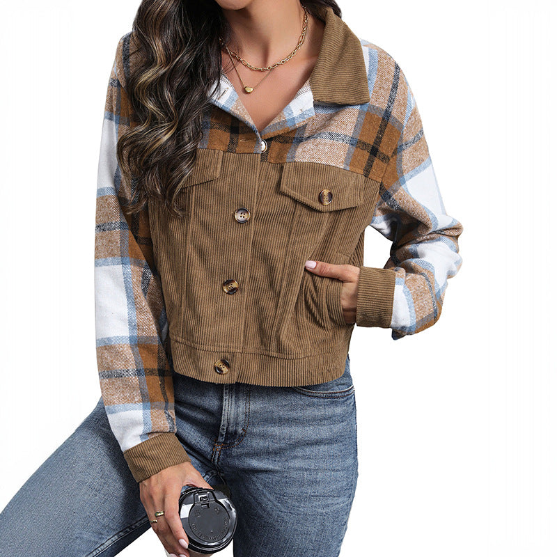 Cropped Corduroy Jacket with Plaid Patchwork