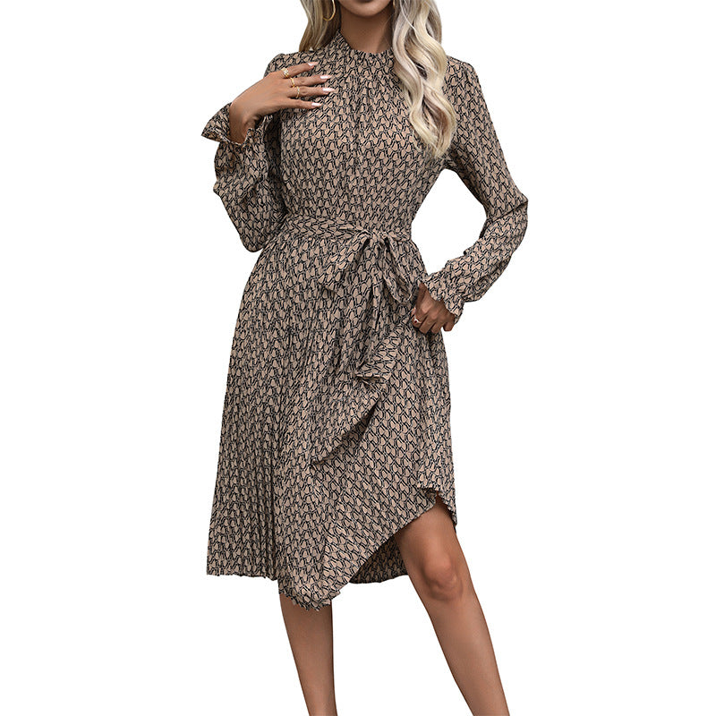 Geometric Print Pleated Midi Dress with Self-Tie Waist