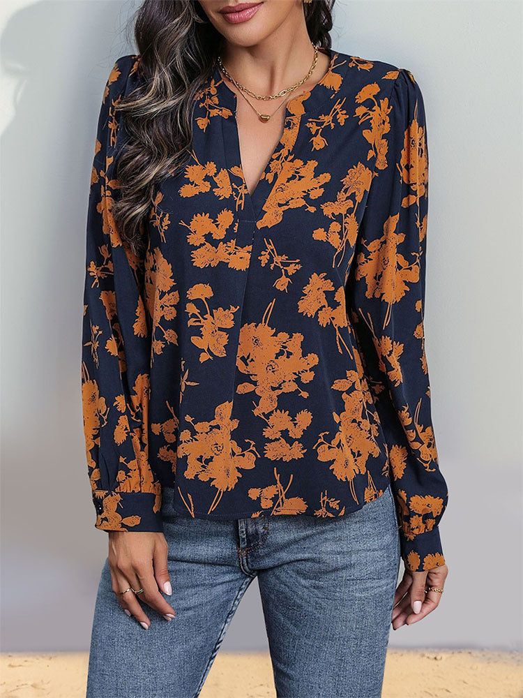 Floral Print Blouse with V-Neck and Long Sleeves