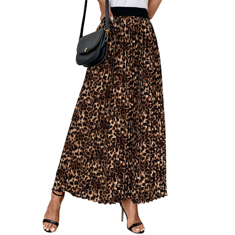 Leopard Print Pleated Midi Skirt with Elastic Waist