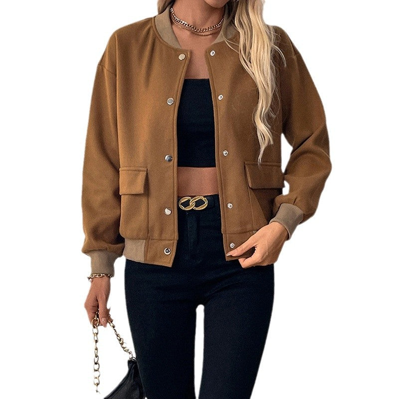 Solid Color Bomber Jacket with Baseball Collar and Ribbed Trim