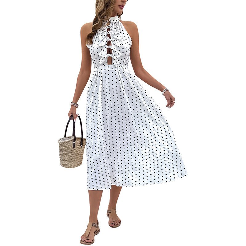 Polka Dot A-Line Midi Dress with Halter Neck and Bow Detail