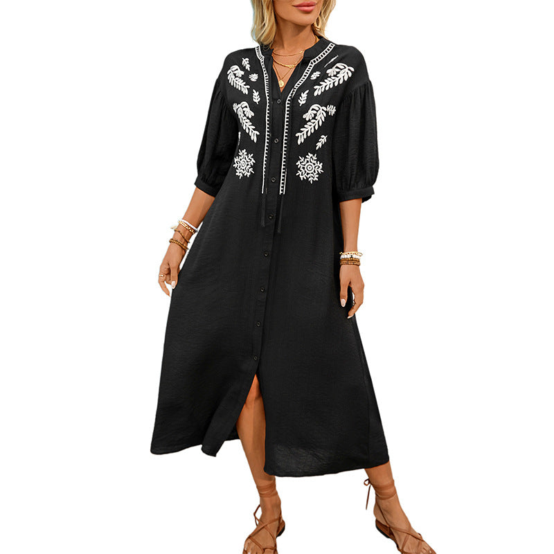 Embroidered A-Line Midi Dress with V-Neck and Puff Sleeves