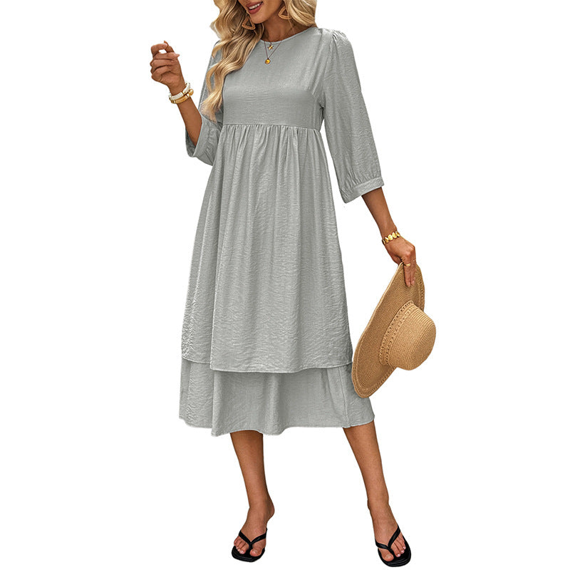A-Line Midi Dress with Round Neck and Layered Hem