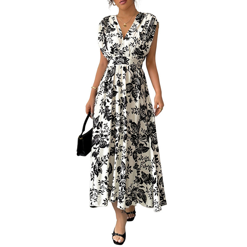 Black & White Floral A-Line Midi Dress with V-Neck & High Waist