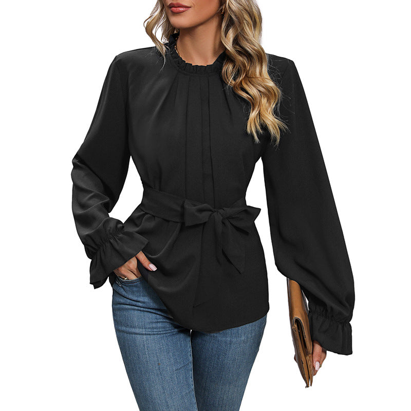 Long-Sleeve Blouse with Ruffle Collar and Tie-Waist