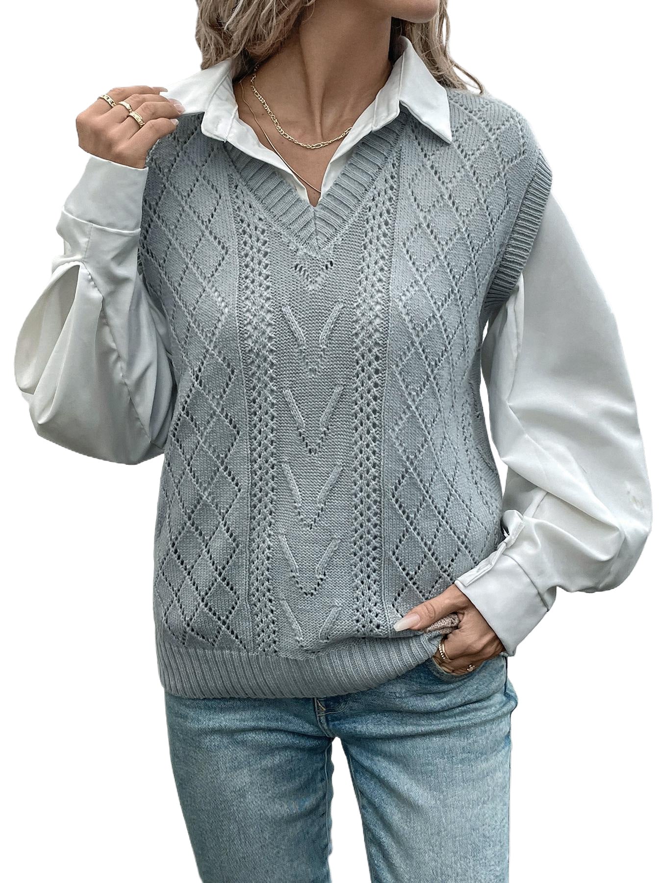 Cable Knit Sweater Vest with Diamond Pattern and V-Neck