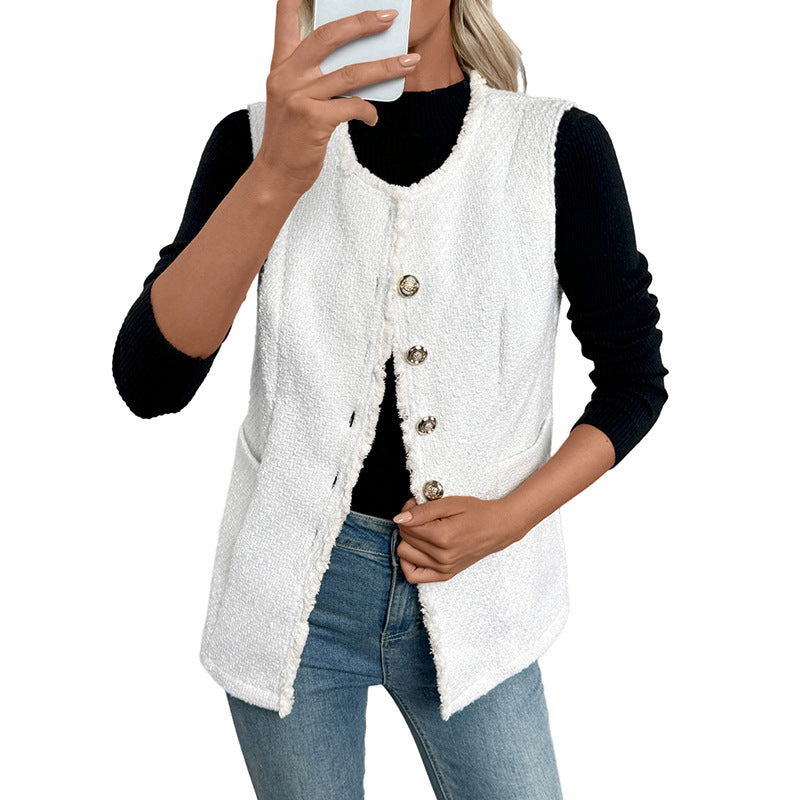 Solid Tweed-Style Vest with Fringed Trim and Gold Buttons