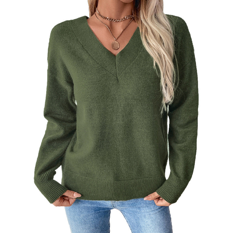 Solid Color Loose Sweater with V-Neck and Back Twist Detail