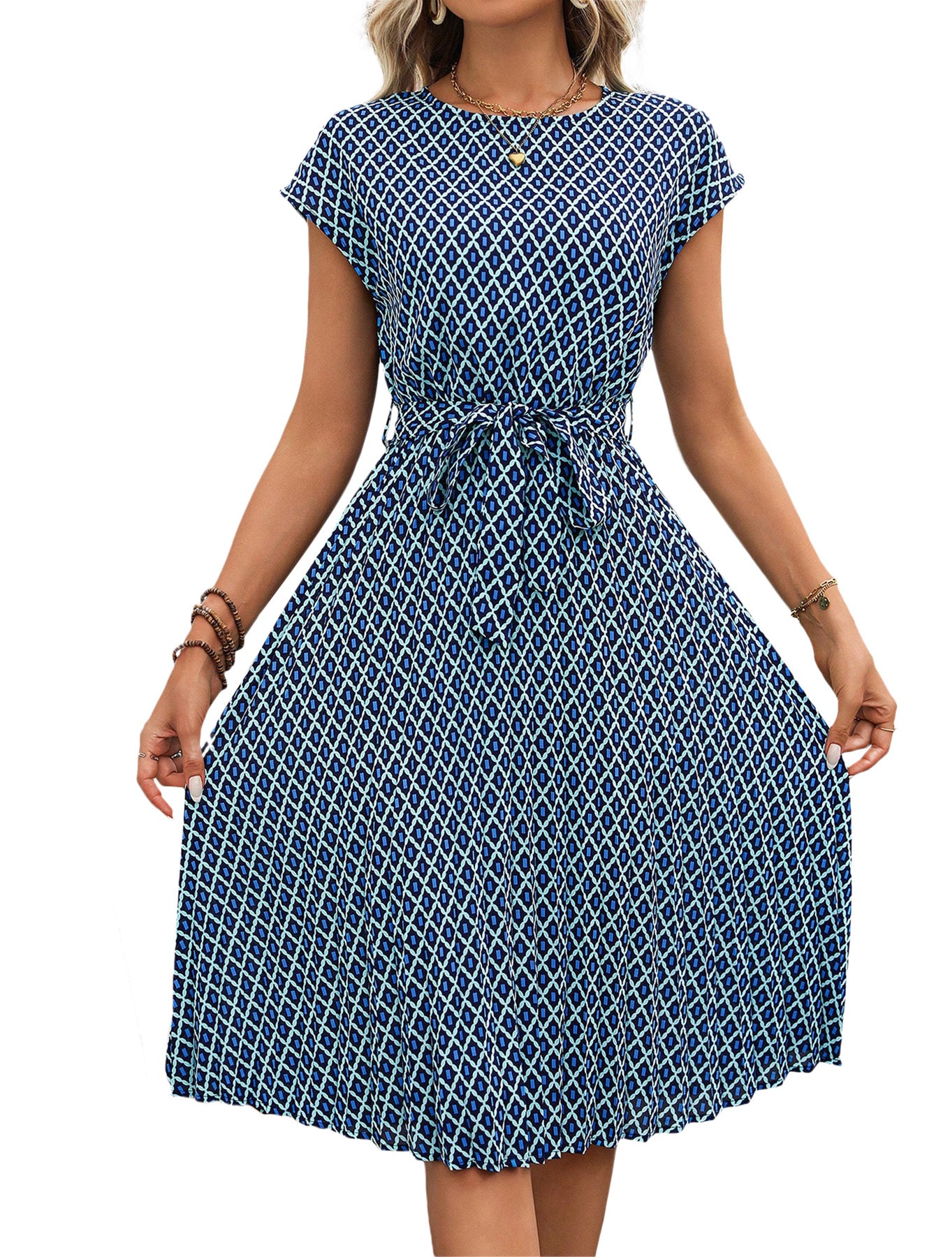 Geometric Print A-Line Midi Dress with Tie Waist