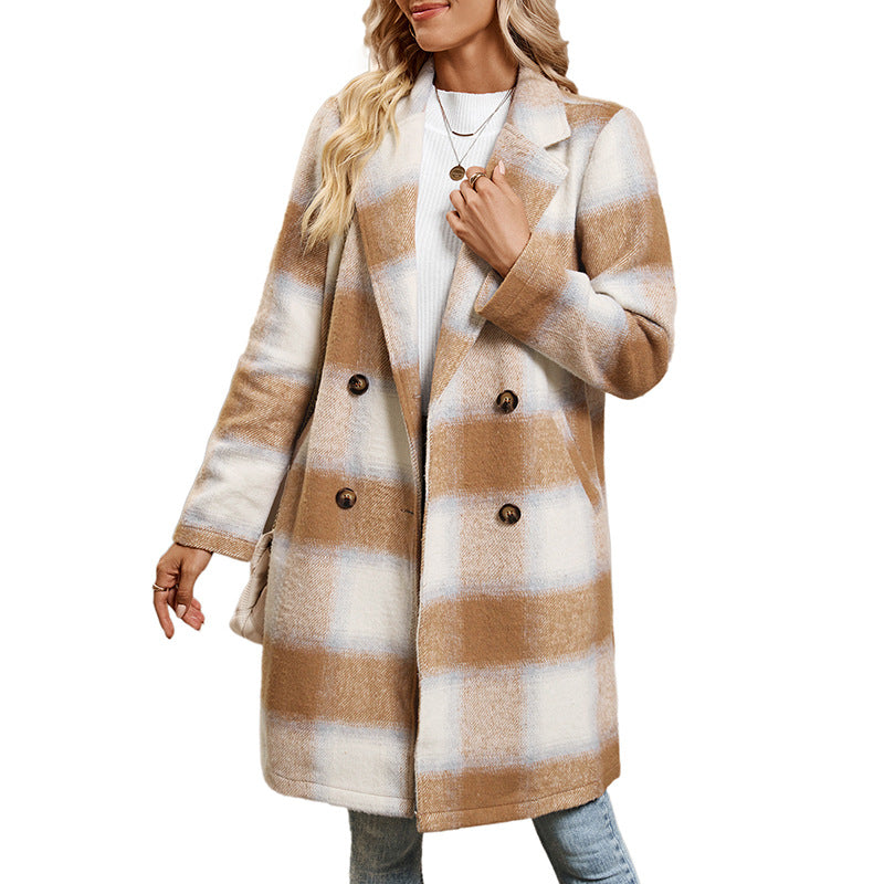 Plaid Mid-Length Coat with Double-Breasted Suit Collar