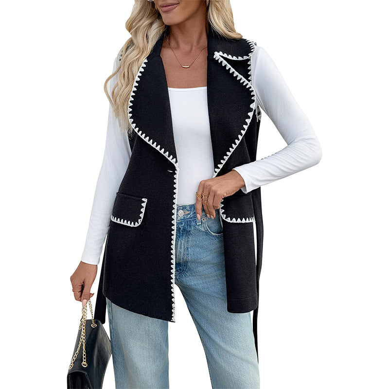 Cardigan Vest with Contrast Trim and Lapel