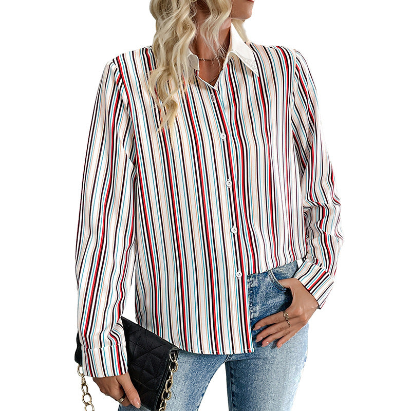 Colorful Vertical Striped Shirt with Lapel Collar