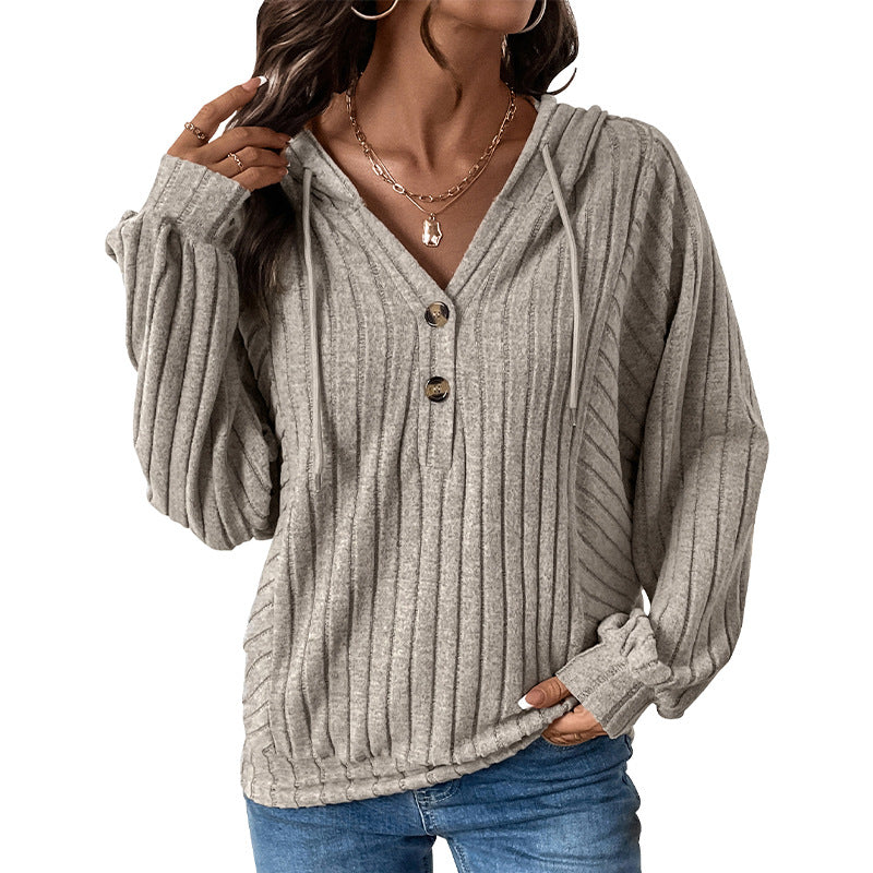 Ribbed Knit Hoodie with Henley Neck and Lantern Sleeves