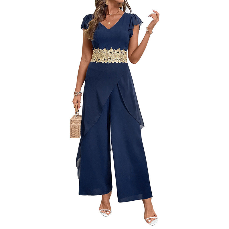 Wide-Leg Jumpsuit with V-Neck, Flutter Sleeves, and Lace Waist