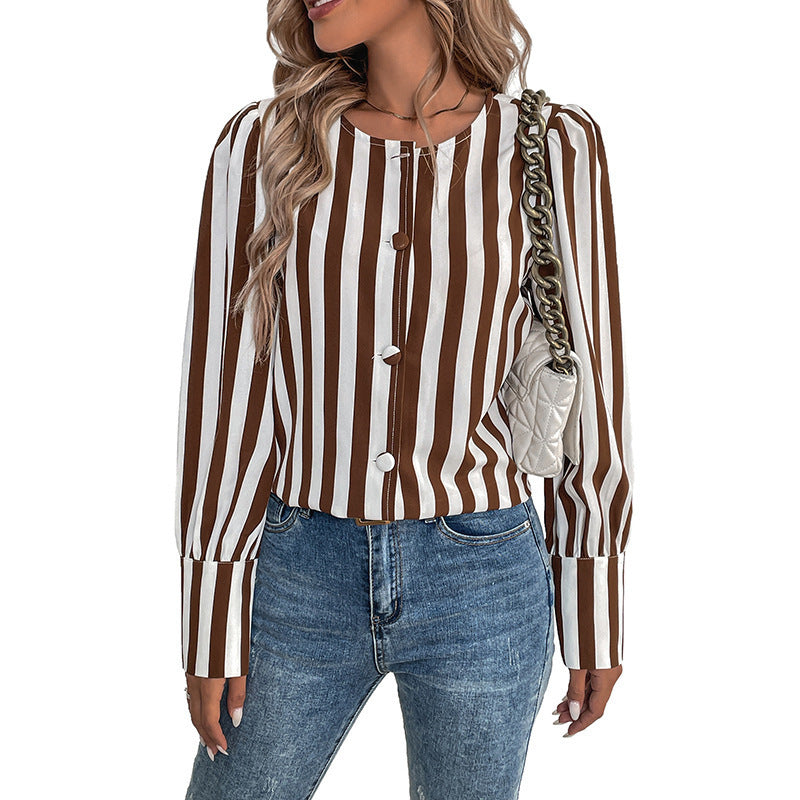 Striped Blouse with Button Front and Puff Sleeves
