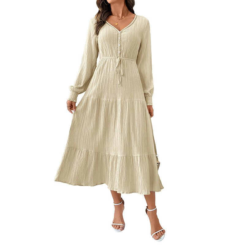 Solid Tiered Midi Dress with V-Neck and Drawstring Waist
