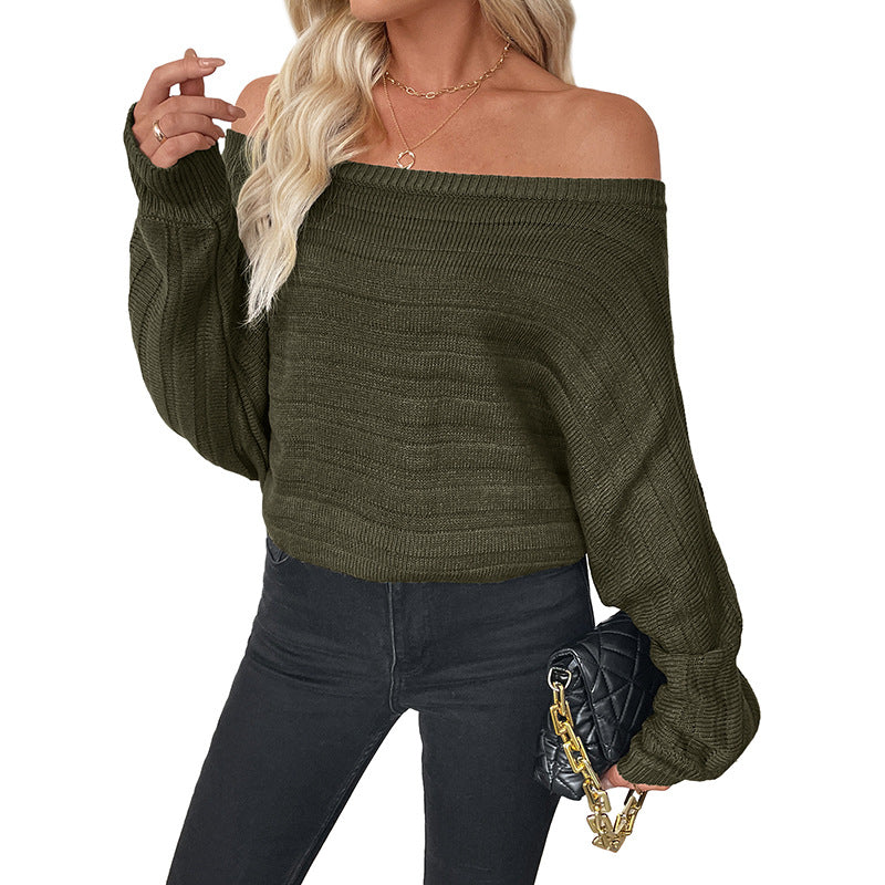 Loose Ribbed Knit Sweater with Off-Shoulder Neck and Batwing Sleeves