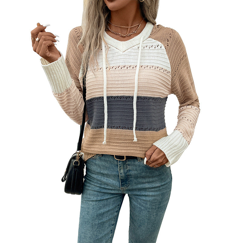 Color-Blocked Knit Hooded Sweater with Drawstring V-Neck