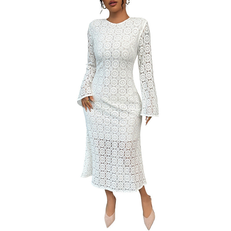 Lace Sheath Midi Dress with Bell Sleeves and Fishtail Hem