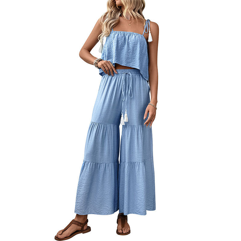 Solid Two-Piece Set with Tassel Camisole and Tiered Wide-Leg Pants