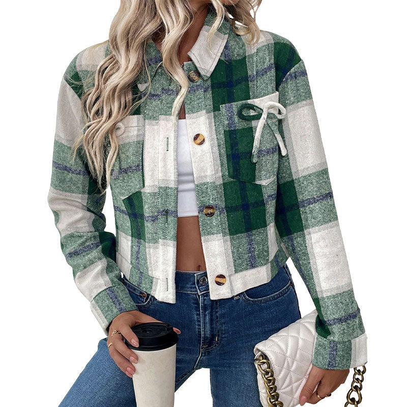 Plaid Cropped Shacket with Lapel Collar and Button Front