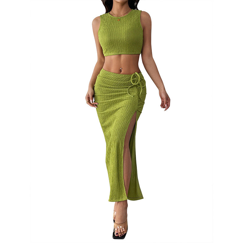 Solid Ribbed Knit Crop Top and Slit Maxi Skirt Set