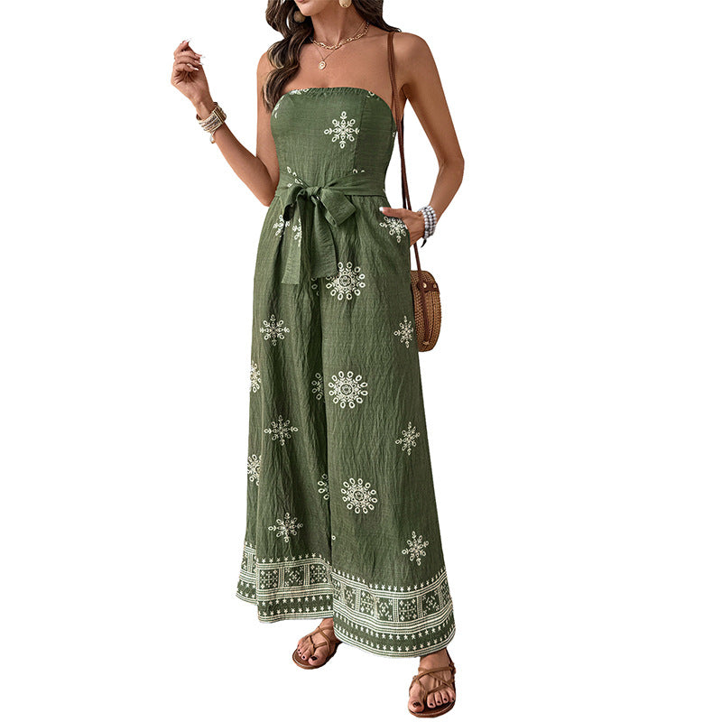 Snowflake Print Strapless Jumpsuit with Wide Legs