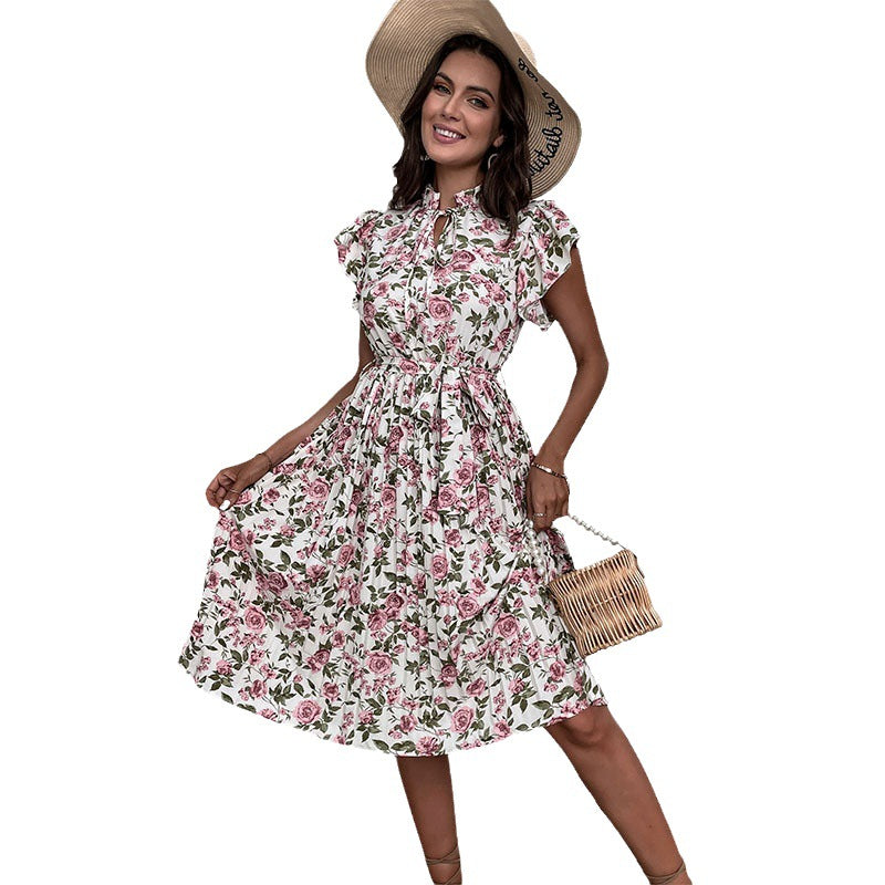 Floral A-Line Midi Dress with Stand Collar and Ruffle Sleeves