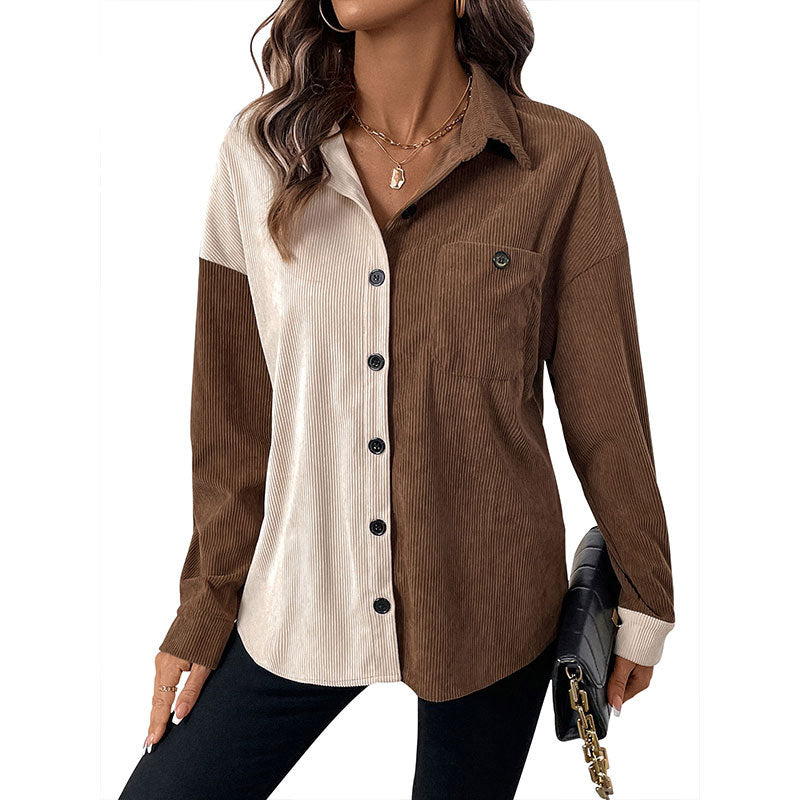 Color Block Corduroy Cardigan with Turn-Down Collar