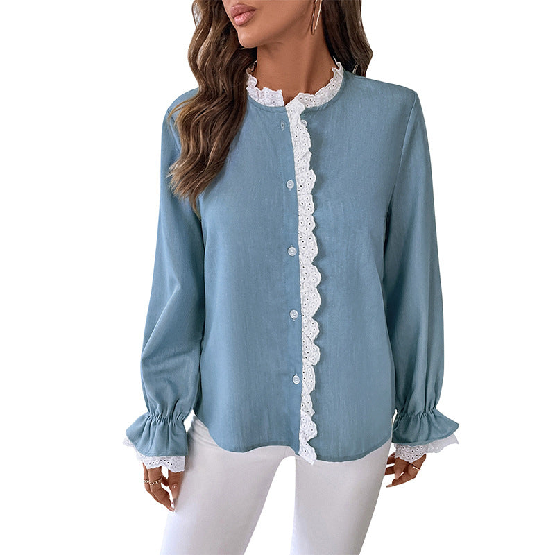 Solid Blue Cardigan Blouse with Lace Trim and Puff Sleeves