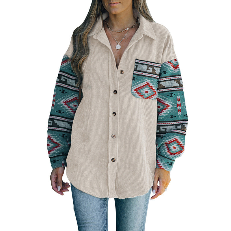 Oversized Corduroy Shacket with Ethnic Print Sleeves