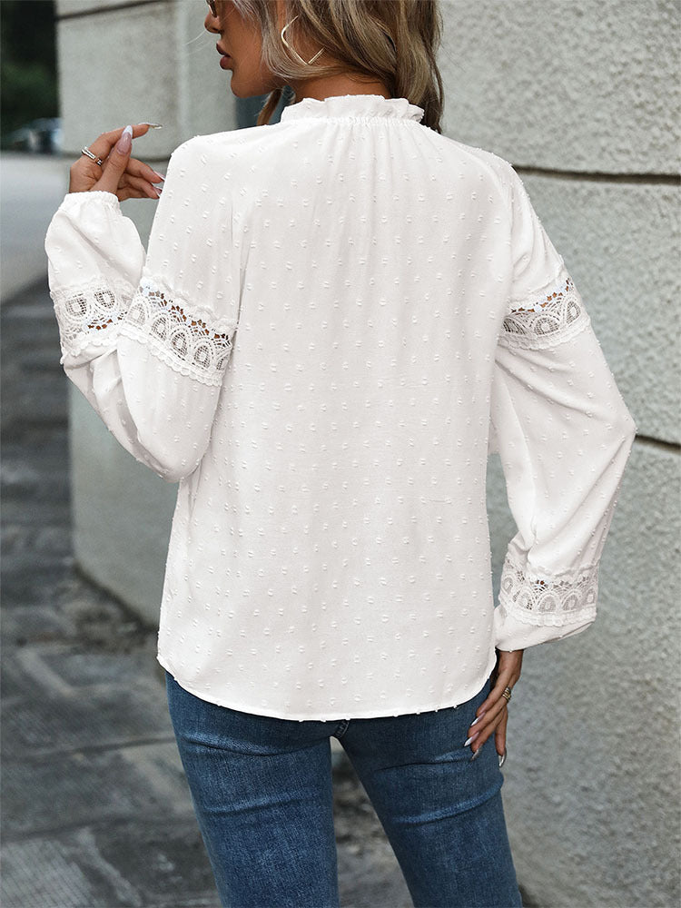 Swiss Dot Blouse with Ruffle Collar and Lace Trim