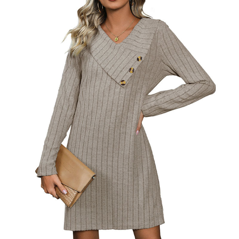 Ribbed Knit Sheath Dress with V-Neck and Asymmetric Buttons