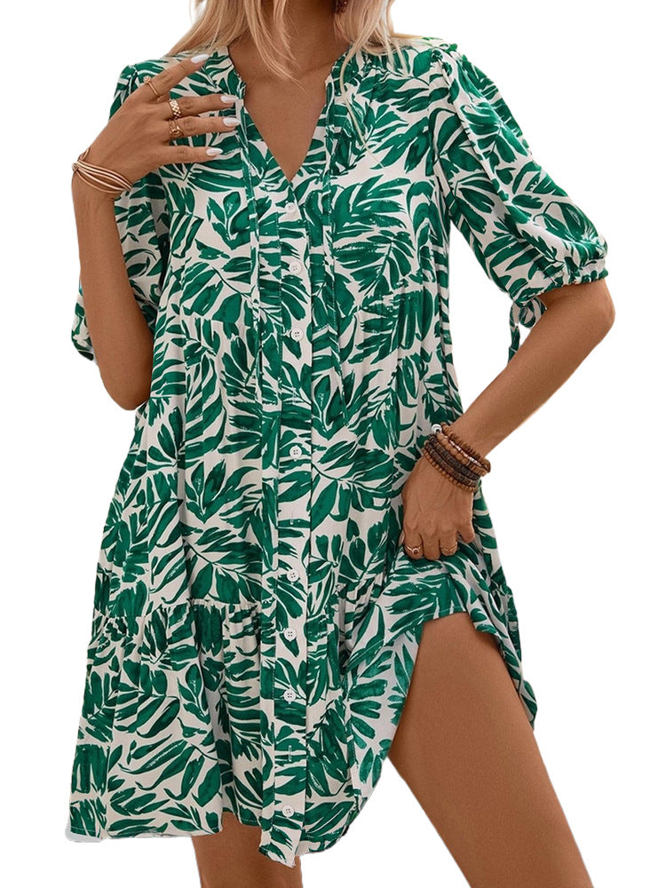 Tropical Leaf Print Dress with V-Neck and Puff Sleeves
