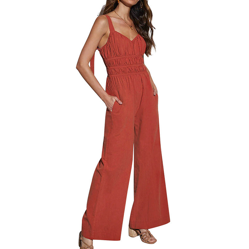 Spaghetti Strap Jumpsuit with Shirred Bodice and Wide Legs