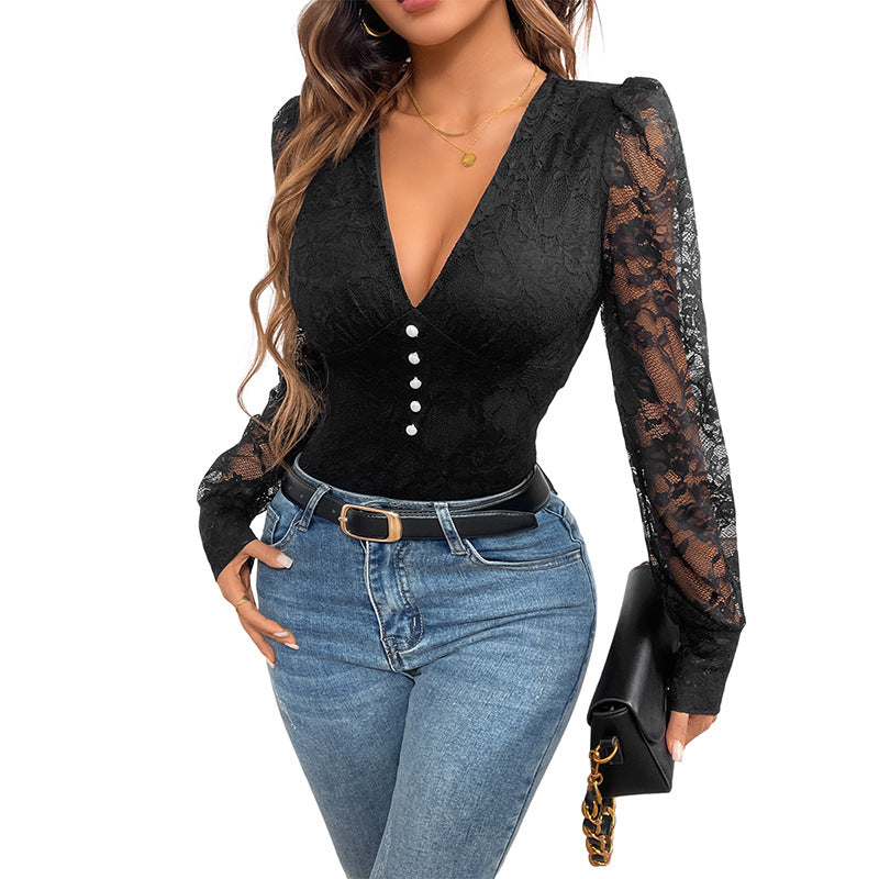 Lace Bodysuit with V-Neck and Sheer Long Sleeves