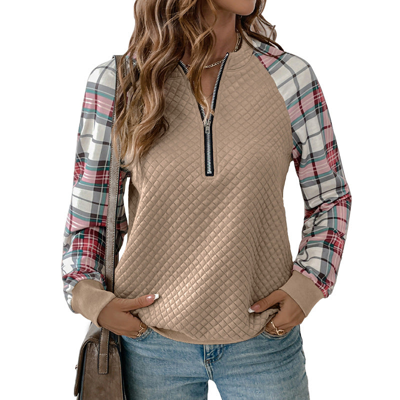 Quilted Diamond Sweatshirt with Plaid Sleeves and Quarter-Zip