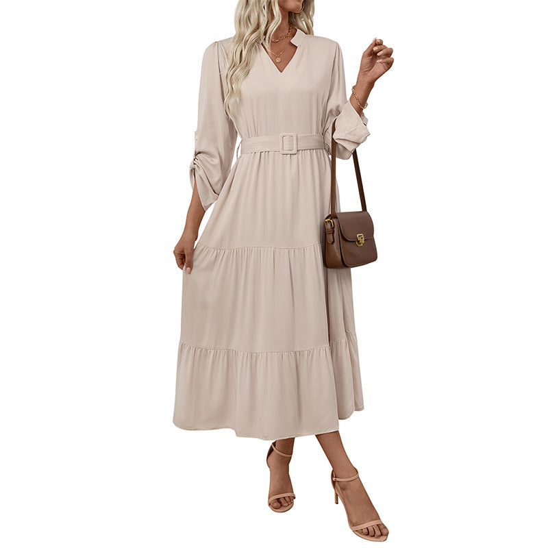 A-Line Tiered Midi Dress with V-Neck and Belted Waist