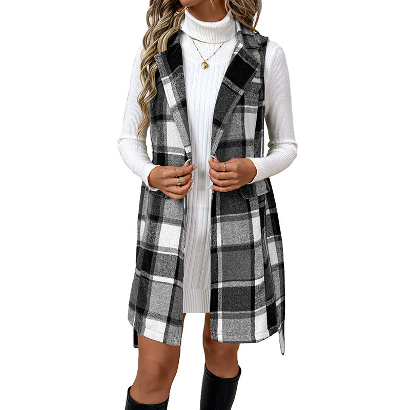 Plaid Long Vest with Lapel Collar and Tie Waist